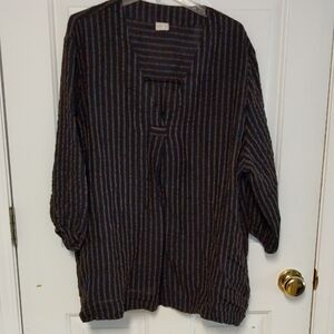 Poetry Tunic Top Linen V-Neck Striped Shirt Women 18 Black Copper Pinstripe